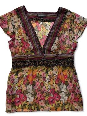 Vintage floral V-Neck Sheer mesh top